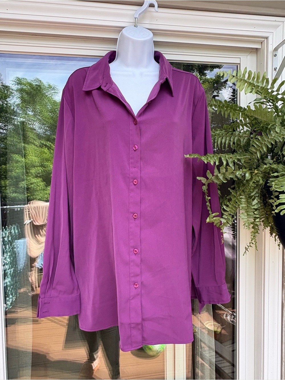 Susan Graver Women's Relaxed Button-Up Blouse - Magenta size large